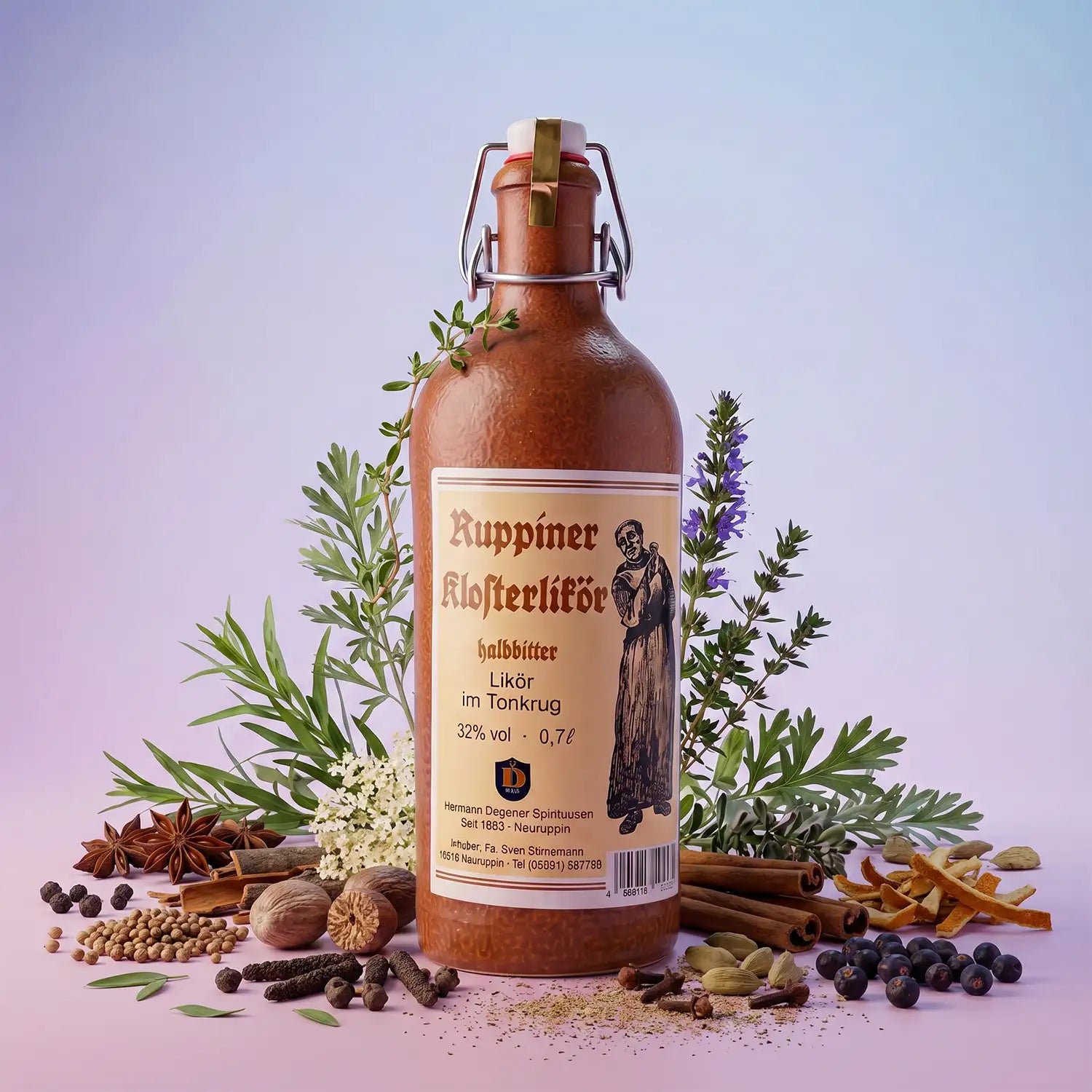 neuruppin-ruppiner-klosterlikoer-700ml-mitpastelHintergrundlilaGewuerzeundKraeuter